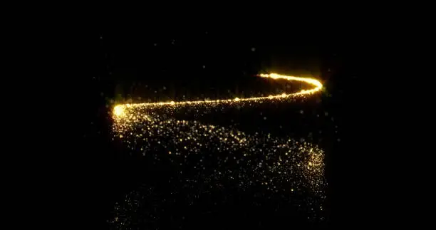 Photo of Gold sparkling spiral trail with shimmering glitter particles, Christmas holiday background design. Abstract golden glittery spiral tail, magic glittering and glowing sparkle twirl