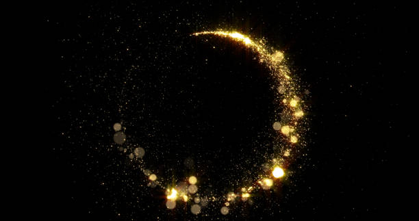 Gold sparkling light circle with shimmering particles with glare flare effect. Christmas and New Year background, abstract golden glittery confetti ring frame with magic glowing shimmer sparkle trail