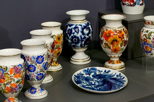 Porcelain Vases and Plate - Traditional Ukrainian Painting Petrykivka