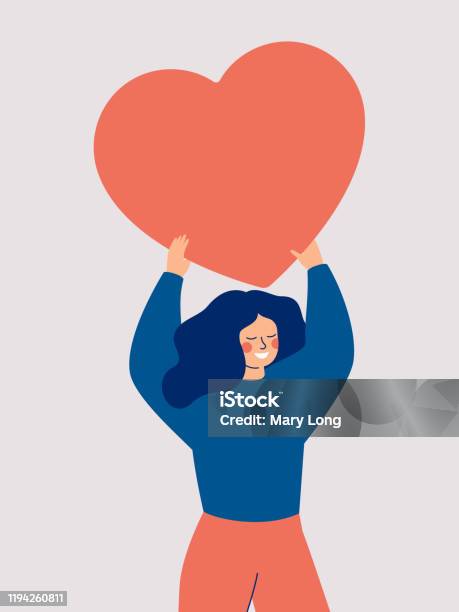 Ilustración de Mujer Feliz Sosteniendo Un Gran Corazón Rojo Sobre Su Cabeza Aislado Sobre Fondo Blanco y más Vectores Libres de Derechos de Símbolo en forma de corazón