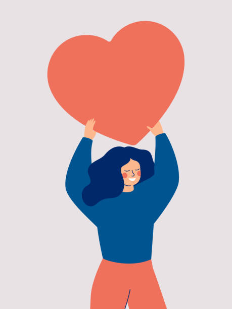 счастливая женщина, держащая красное большое сердце над головой, изолирована на белом фоне. - heart shape illustrations stock illustrations