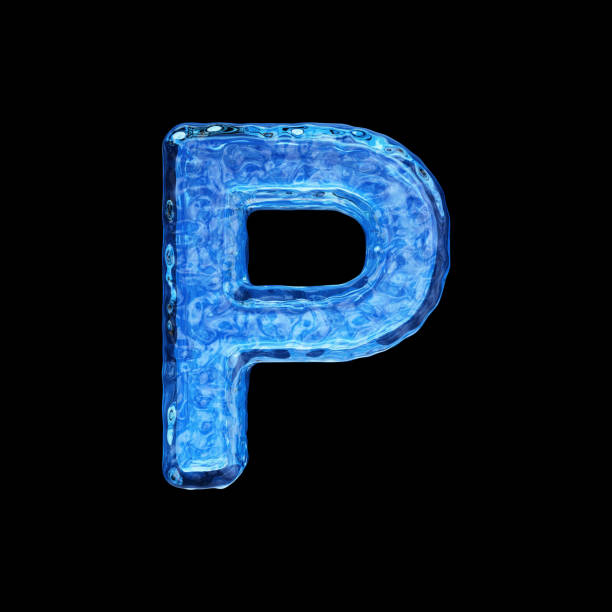 lettera maiuscola p fatta dall'acqua isolata su sfondo nero - letter p alphabet three dimensional shape blue foto e immagini stock