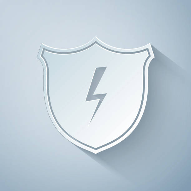 ilustrações de stock, clip art, desenhos animados e ícones de paper cut secure shield with lightning icon isolated on grey background. security, safety, protection, privacy concept. paper art style. vector illustration - honor guard flash