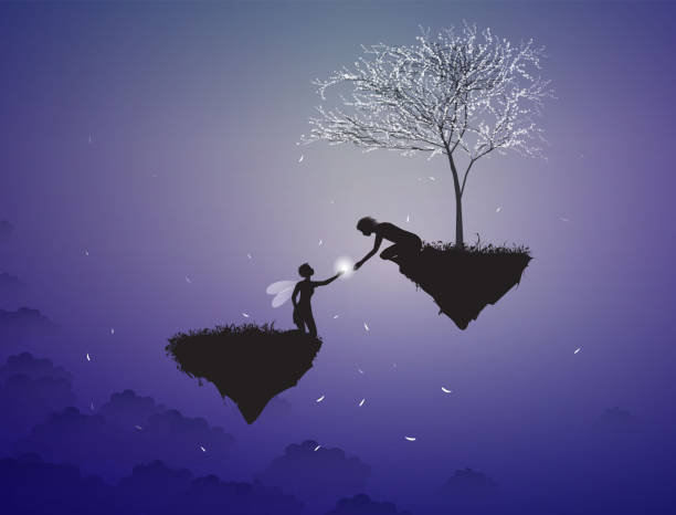 Fairy and boy in fantasy land, Fairy gives magic lantern to the boy, fairy scene,  shadows. vector art illustration
