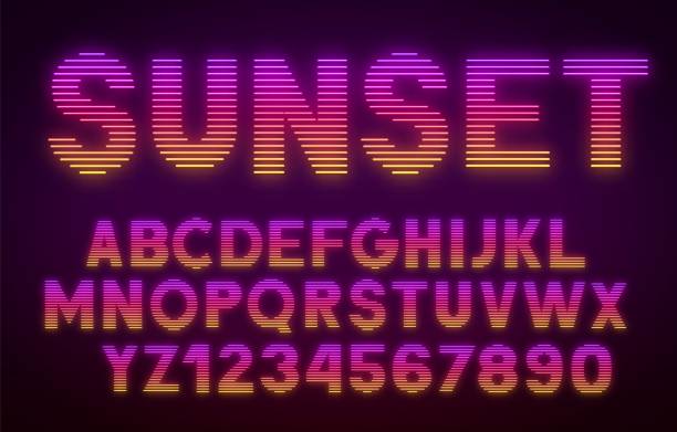 ilustrações, clipart, desenhos animados e ícones de fonte retrowave futurista. letras e números de incandescência listrados do inclinação no fundo escuro. - synth pop