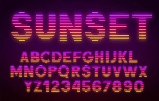 Vector illustration of Futuristic retrowave font. Striped gradient glowing letters and numbers on dark background.