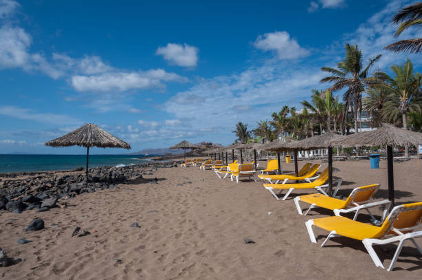 istock Sandy beach with umbrellas and yellow chairs 1194268005