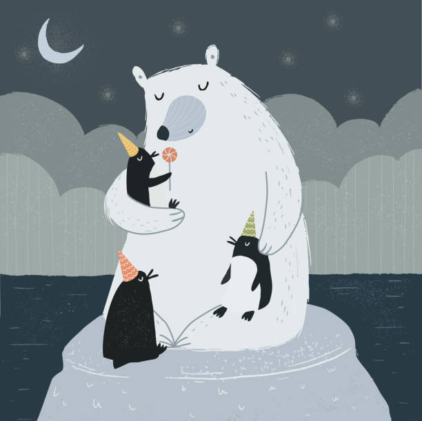 北極の冬の夜、氷の上に小さなペンギンを持つホッキョクグマ。クリスマスや新年カード、背景やポスターのためのフリーハンド描画。 - pole sign north north pole�点のイラスト素材／クリップアート素材／マンガ素材／アイコン素材