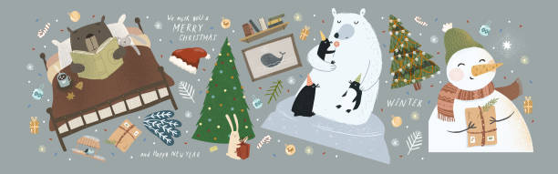 życzymy wesołych świąt i szczęśliwego nowego roku! wektor cute ilustracji świętego mikołaja w domu w salonie i zwierząt zające dekorowanie choinki w przeddzień święta. - bear teddy bear characters hand drawn stock illustrations