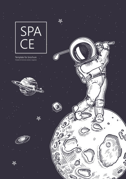 illustrations, cliparts, dessins animés et icônes de fond d'espace. astronaute avec niblick. le jeu de golf. - golf child sport humor