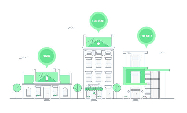 배너와 건물 - 판매 주택, 임대 및 판매 - construction apartment house in a row stock illustrations