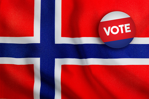 Vote Badge over Norwegian Flag. Horizontal composition with copy space.