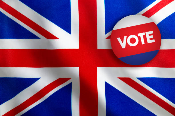Vote Badge over British Flag. Horizontal composition with copy space.