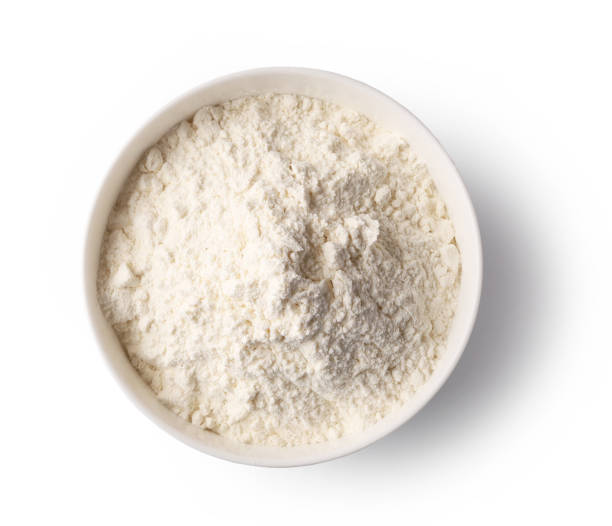 bowl of flour isolated on white background, top view bowl of flour isolated on white background, top view flour photos stock pictures, royalty-free photos & images