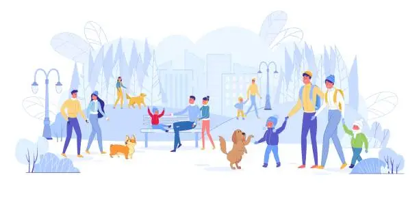Vector illustration of Families Spending Leisure in Partk with Animals.