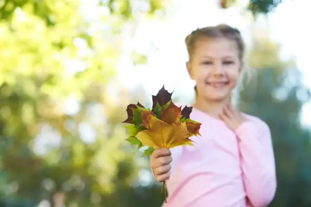 Autumn portrait. Little girl. Child. Sheet. Nature.
