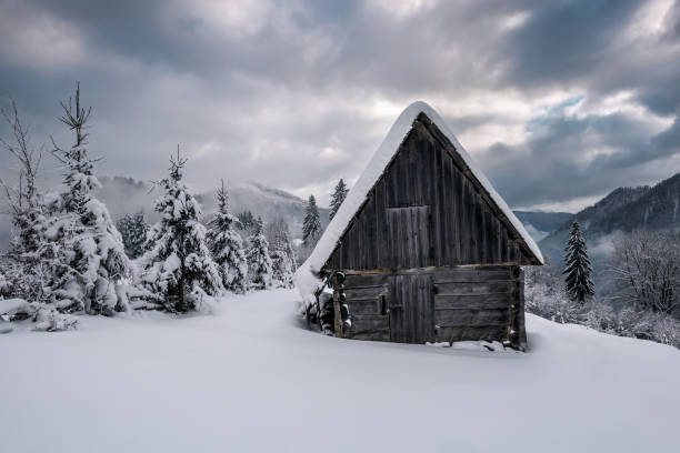 istock wooden abandoned cabin in winter mountains 1194279919
