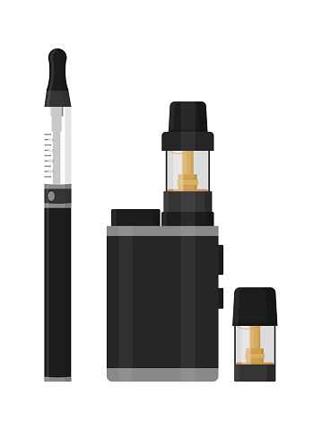 Vaping device and accessories set isolated on white. Bottle with vape liquid vaporizer and charger. E-cigarette, e- liquid. Electronic smoking product. Detailed vector flat cartoon illustration