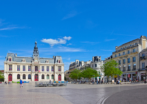 Poitiers, France - May 14, 2017: City hall with people seen across square