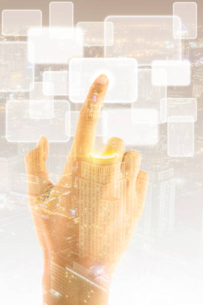 istock Double exposure of hand touching on motion graphic botton 1194281781