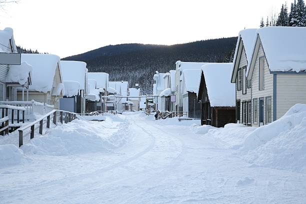 Main street in winter, Barkerville Historic Town, British Columbia.  quesnel stock pictures, royalty-free photos & images
