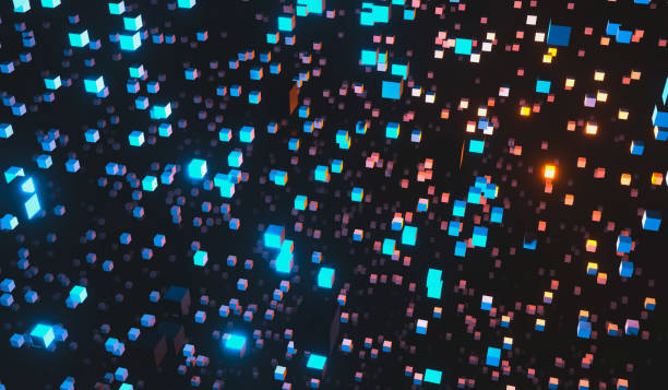 istock Abstract 3D small cube in blue and orange color. Big data, abstract background. 3D rendering 1194284776