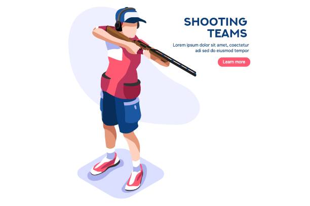 Shooter Shooting Vector Icon Web page, place with hands of athletes. Tournament with athletics characters for victory. Cartoons on website page on a first strong competition for a gold medal. Flat vector illustration taking a shot sport stock illustrations