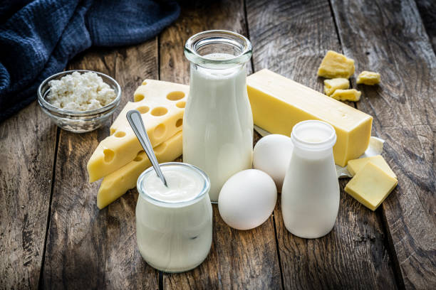 dairy products on rustic wooden table - laticínio imagens e fotografias de stock