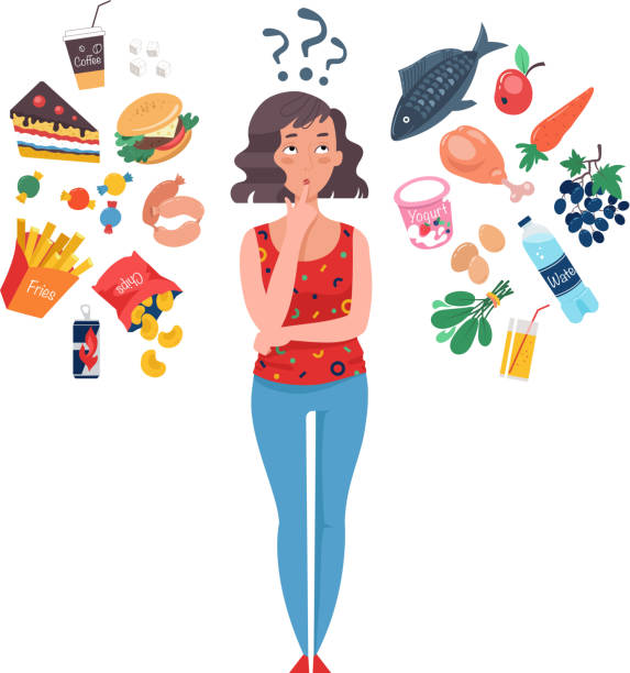 Choice between healthy and unhealthy food. Woman choosing between healthy and unhealthy food. Fast Food vs balanced menu comparison. Concepts diet and healthy eating. Female cartoon character. Flat vector illustration. fasting activity illustrations stock illustrations