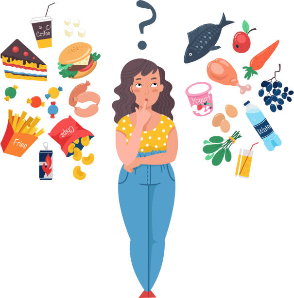 ilustrações, clipart, desenhos animados e ícones de escolha entre alimentos saudáveis e insalubres - dietology