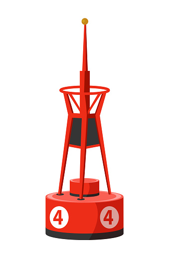 Cartoon marine coastal cone red buoy with number four and lighter on top isolated on white. Nautical equipment for safety in sea and ocean. Travel way navigation. Vector flat illustration