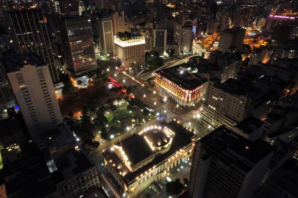 Aerial view of public buildings at night. Famous places of São Paulo, Brazil. Great landscape Aerial view of public buildings at night. Famous places of São Paulo, Brazil. Great landscape pinacoteca sao paulo stock pictures, royalty-free photos & images