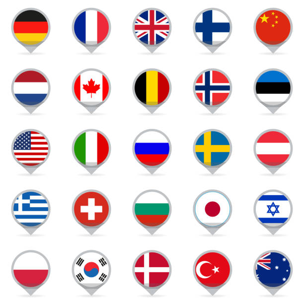 플래그 아이콘 설정입니다. 미국, 영국, 네덜란드, 독일, 이탈리아, 캐나다, 프랑스, 러시아, 중국, 핀란드, 노르웨이, 스웨덴, 호주, 이스라엘, 일본, 스위스, 한국의 국기와 지도 포인터 또는 마� - france denmark stock illustrations