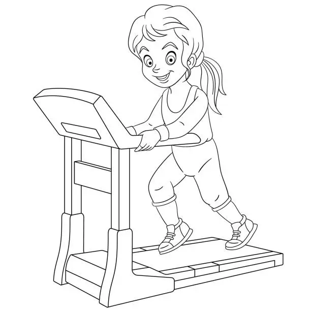 Vector illustration of Coloring page of cartoon girl running on treadmill