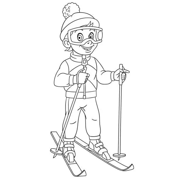 Vector illustration of Coloring page of cartoon boy ski running