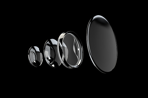 Renderizado 3D de lente cóncava y convexa sobre fondo negro photo