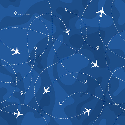 Seamless pattern airplanes routes. travel, vacation, trip seamless concept with dashed lines. vector illustration