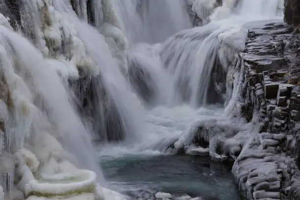 Photo of Kolugljúfur canyon frozen and snowed in winter in Iceland