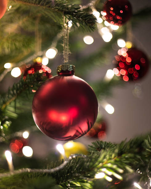рождественское украшение. висячие красные шары на сосновых ветвях елки гирлянды и украшения над абстрактным фоном bokeh с копией пространств - christmas ball стоковые фото и изображения