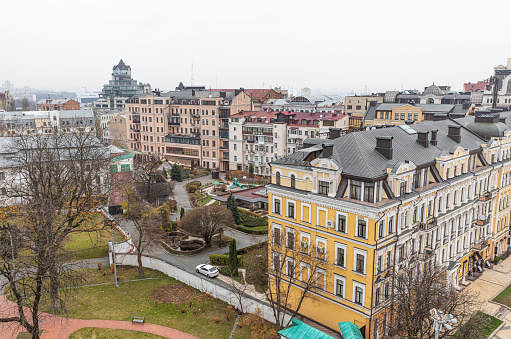 Kyiv, Ukraine - Nov. 16, 2019: View of the roof of old Kyiv from the bell tower of St. Sophia Cathedral.