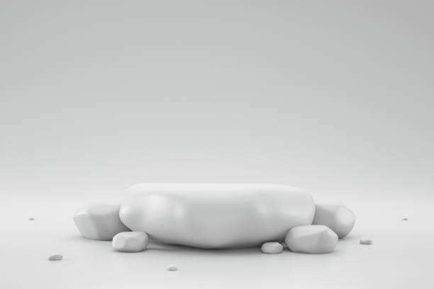 Modern pedestal or podium display with stone platform concept on white background. Blank shelf stand for showing product. 3D rendering.