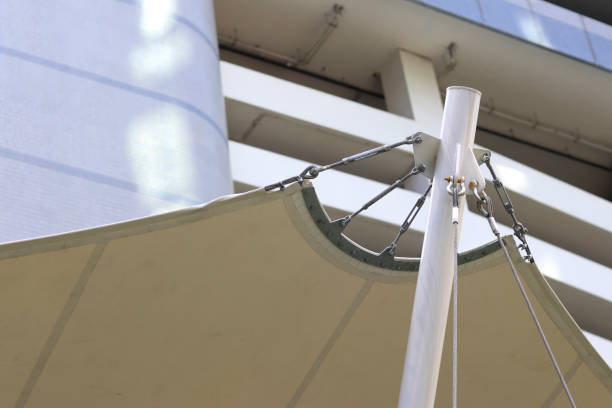 istock Pull points and connection points of tension membrane roof. Turnbuckle wire rope tension for tension membrane roof. 1194297722