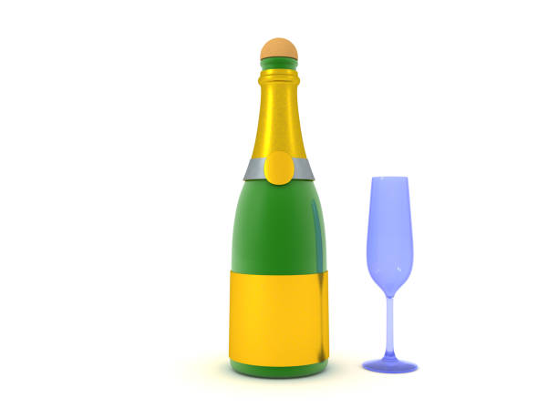Bottle and glass of yellow champagne on white background