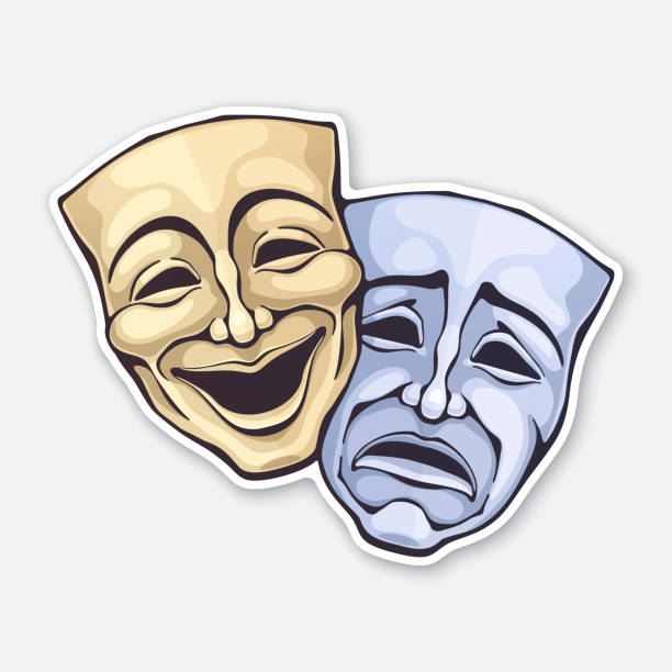 Two theatrical comedy and drama mask. Sickness in psychology of bipolar disorder. Positive and negative emotion. Movie industry Vector illustration. Two theatrical comedy and drama mask. Sickness in psychology of bipolar disorder. Positive and negative emotion. Movie industry. Sticker with contour. Isolated white background tragedy mask stock illustrations