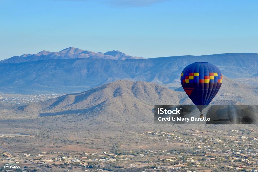 Hot Air Balloon Phoenix Arizona Balloon at dawn over the Phoenix Arizona Desert Phoenix - Arizona Stock Photo