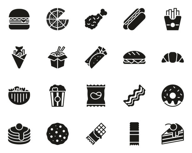 Fast Food Or Junk Food Icons Black & White Set Big This image is a vector illustration and can be scaled to any size without loss of resolution. fish fry icon stock illustrations