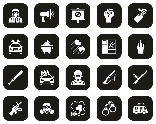 Riot or Public Disturbance Icons White On Black Set Big This image is a vector illustration and can be scaled to any size without loss of resolution. riot tear gas stock illustrations