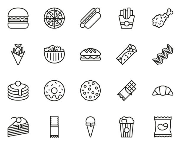 Snack Or Junk Food Icons Thin Line Set Big This image is a vector illustration and can be scaled to any size without loss of resolution. biscuit quick bread stock illustrations
