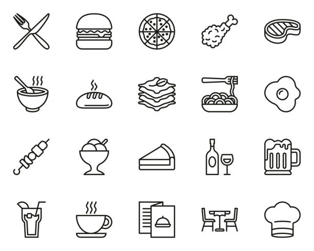 ilustrações, clipart, desenhos animados e ícones de os ícones do almoço linha fina ajustados grandes - black dishware sushi isolated