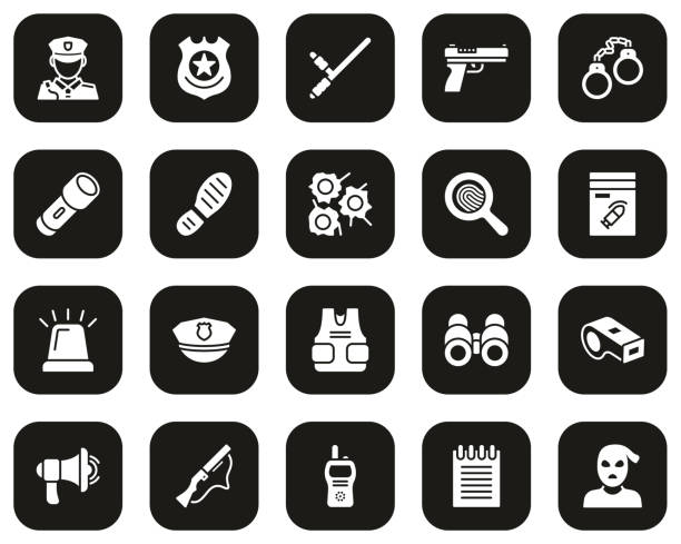 policja lub detektyw ikony biały na czarny zestaw duży - crime flashlight detective symbol stock illustrations